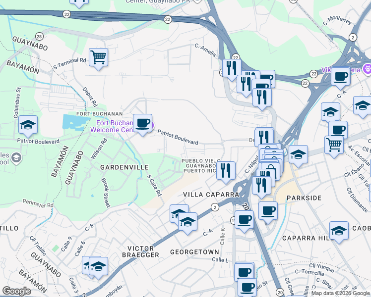 map of restaurants, bars, coffee shops, grocery stores, and more near Bailey Road in Guaynabo