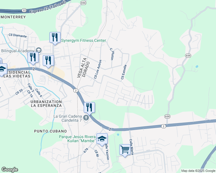 map of restaurants, bars, coffee shops, grocery stores, and more near Calle Valle del Plata in Maguayo