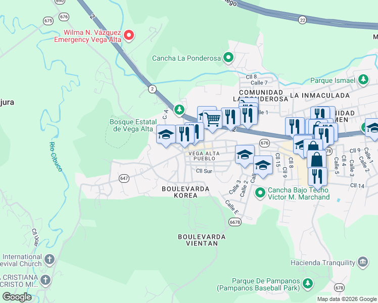 map of restaurants, bars, coffee shops, grocery stores, and more near in Vega Alta