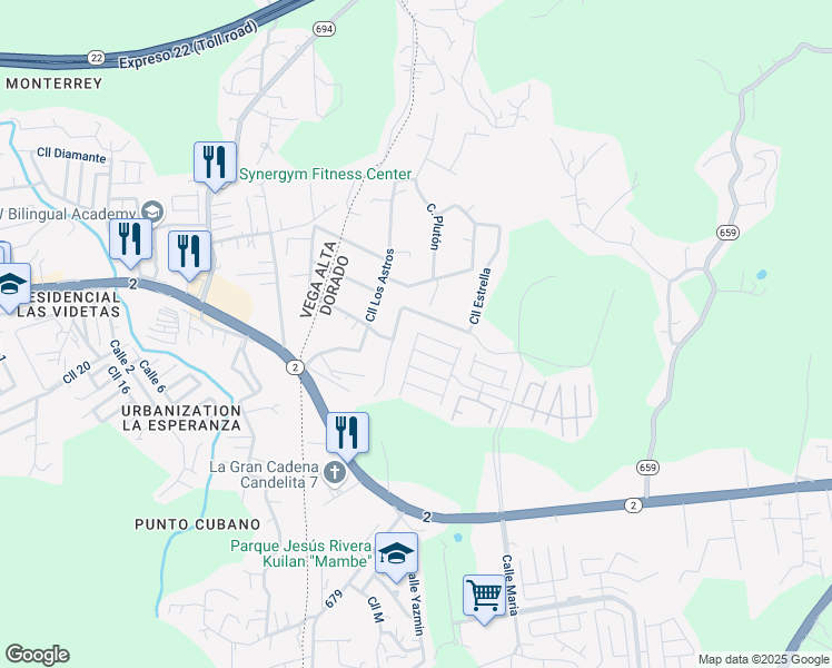 map of restaurants, bars, coffee shops, grocery stores, and more near 30082 Calle Valle del Plata in Dorado