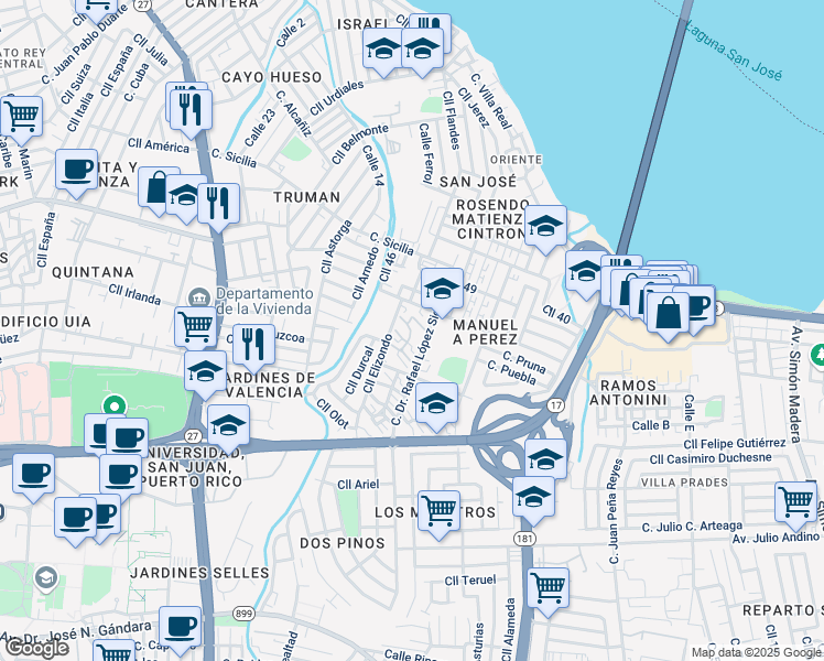 map of restaurants, bars, coffee shops, grocery stores, and more near Calle Elizondo in San Juan