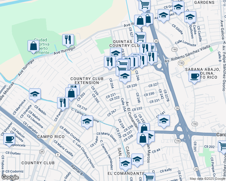 map of restaurants, bars, coffee shops, grocery stores, and more near Calle 204 in Carolina