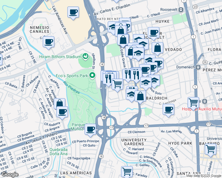 map of restaurants, bars, coffee shops, grocery stores, and more near in San Juan