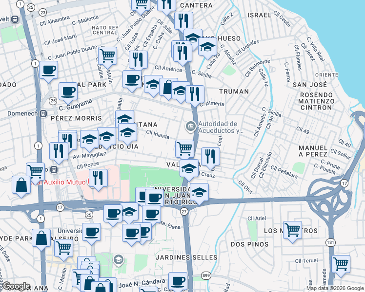 map of restaurants, bars, coffee shops, grocery stores, and more near 606 Avenida Barbosa in San Juan