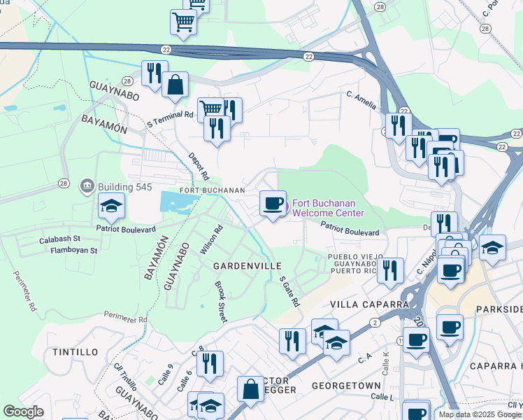 map of restaurants, bars, coffee shops, grocery stores, and more near Chrisman Road in Guaynabo