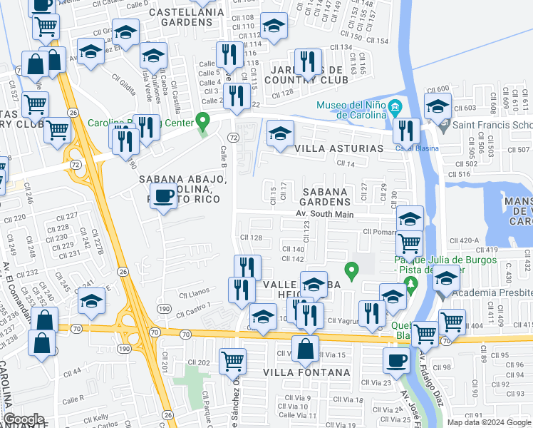 map of restaurants, bars, coffee shops, grocery stores, and more near 1-27 Calle 16 in Carolina