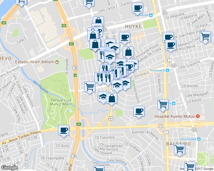 map of restaurants, bars, coffee shops, grocery stores, and more near Puerto Rico 41 in San Juan
