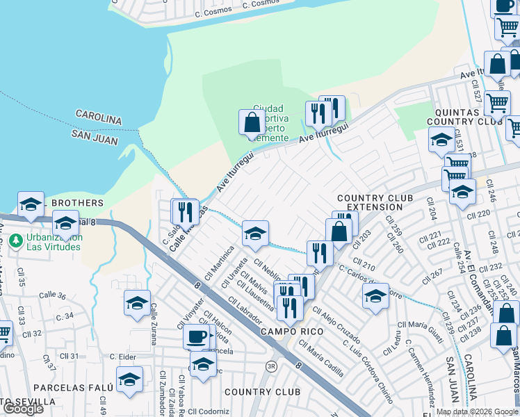 map of restaurants, bars, coffee shops, grocery stores, and more near Calle 406 in San Juan