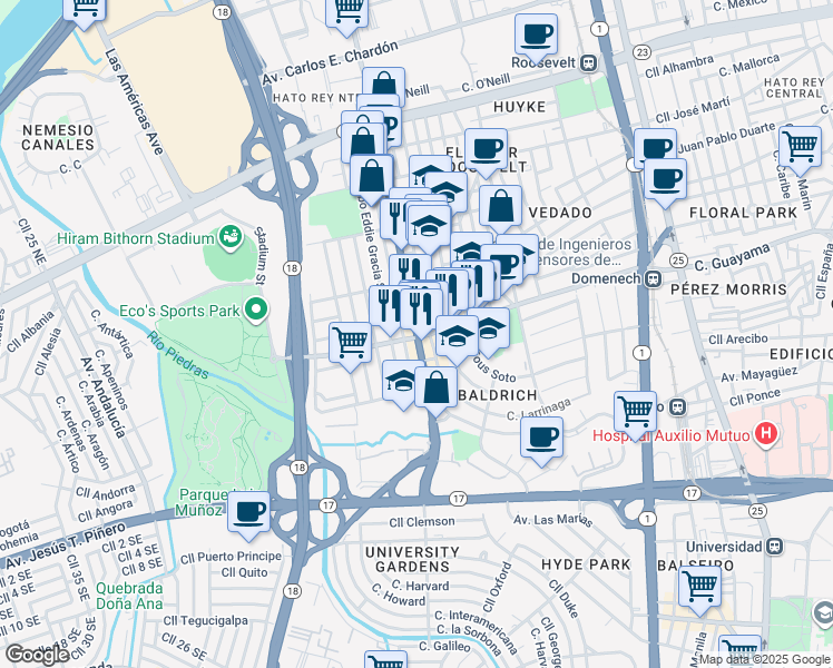 map of restaurants, bars, coffee shops, grocery stores, and more near Puerto Rico 41 in San Juan