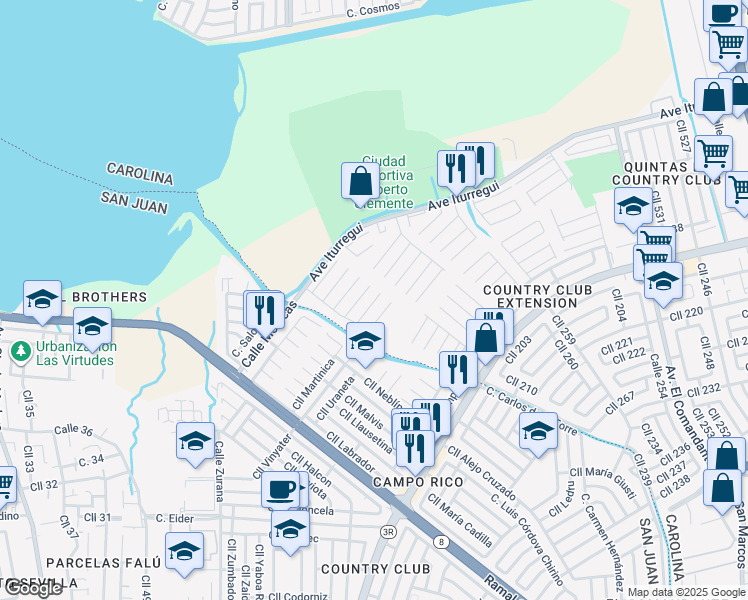 map of restaurants, bars, coffee shops, grocery stores, and more near Calle 406 in San Juan