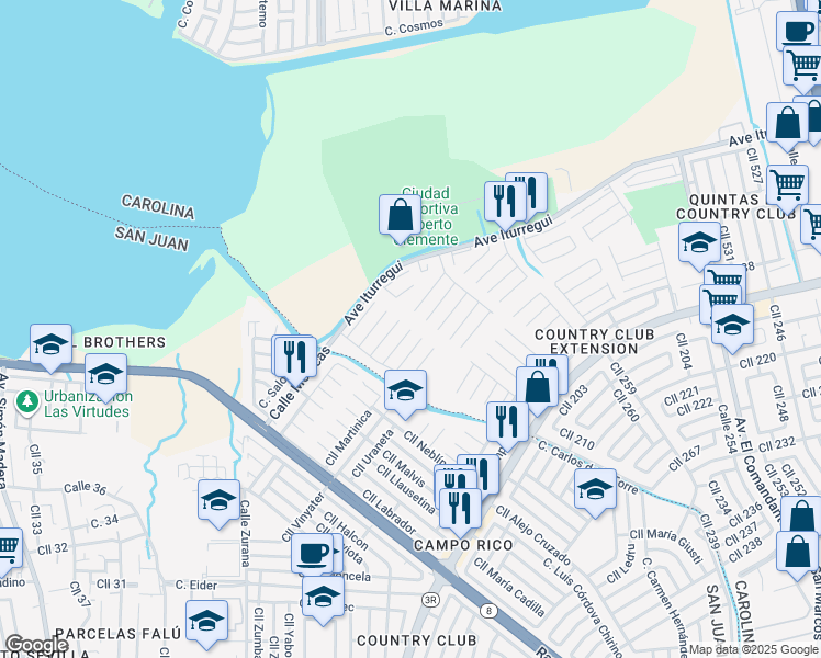 map of restaurants, bars, coffee shops, grocery stores, and more near Calle 406 in San Juan