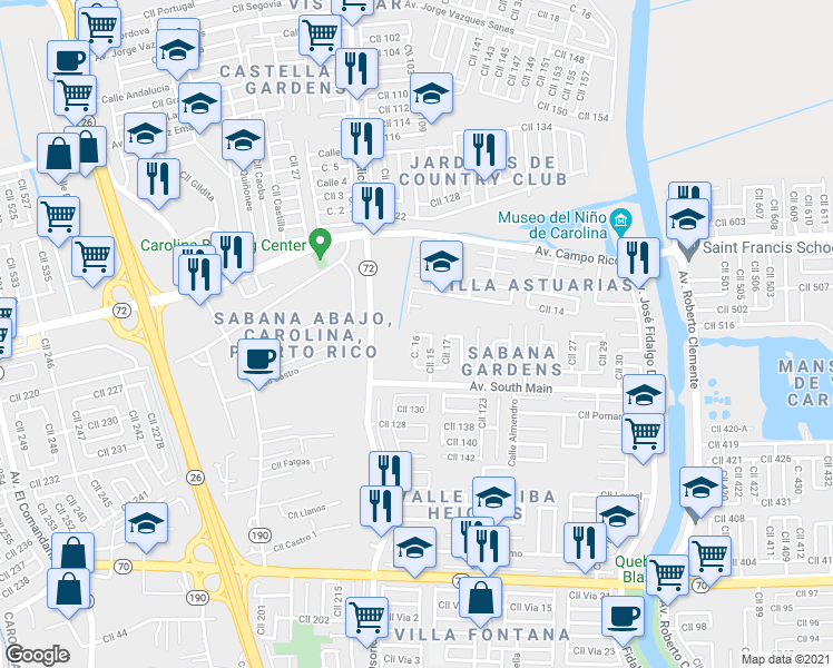 map of restaurants, bars, coffee shops, grocery stores, and more near 1 Calle 16 in Carolina