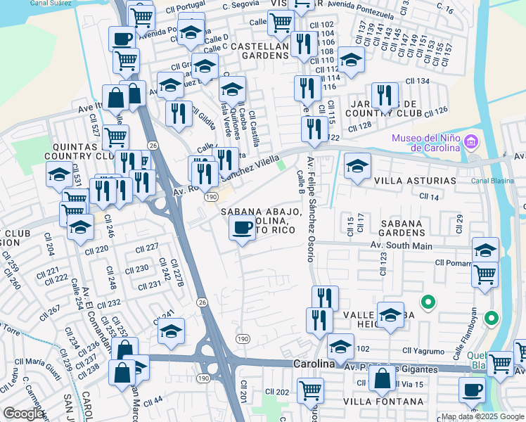 map of restaurants, bars, coffee shops, grocery stores, and more near Calle A in Carolina