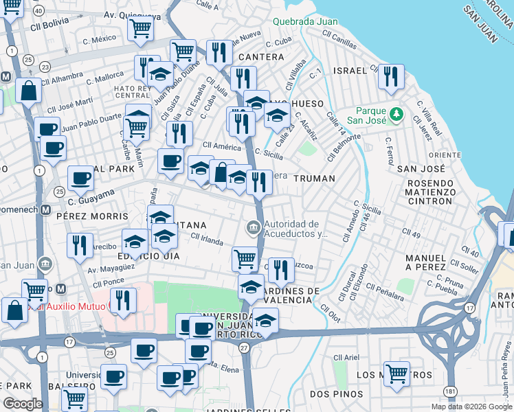 map of restaurants, bars, coffee shops, grocery stores, and more near Puerto Rico 27 in San Juan