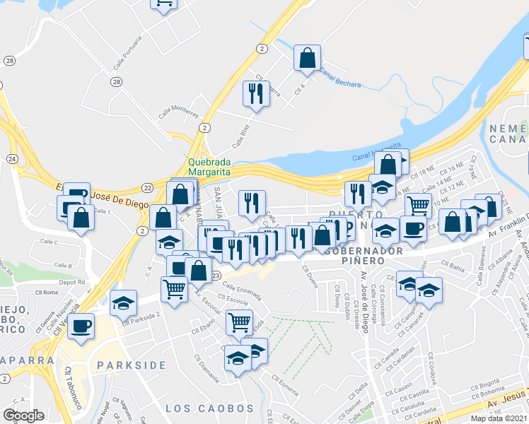 map of restaurants, bars, coffee shops, grocery stores, and more near 254 Calle 13 Northwest in San Juan
