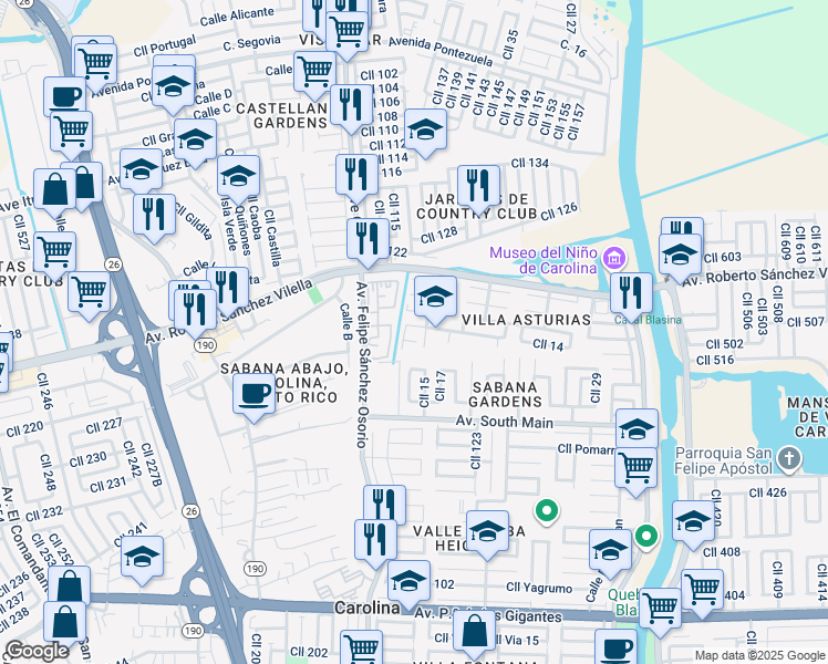 map of restaurants, bars, coffee shops, grocery stores, and more near Calle 5 in Carolina