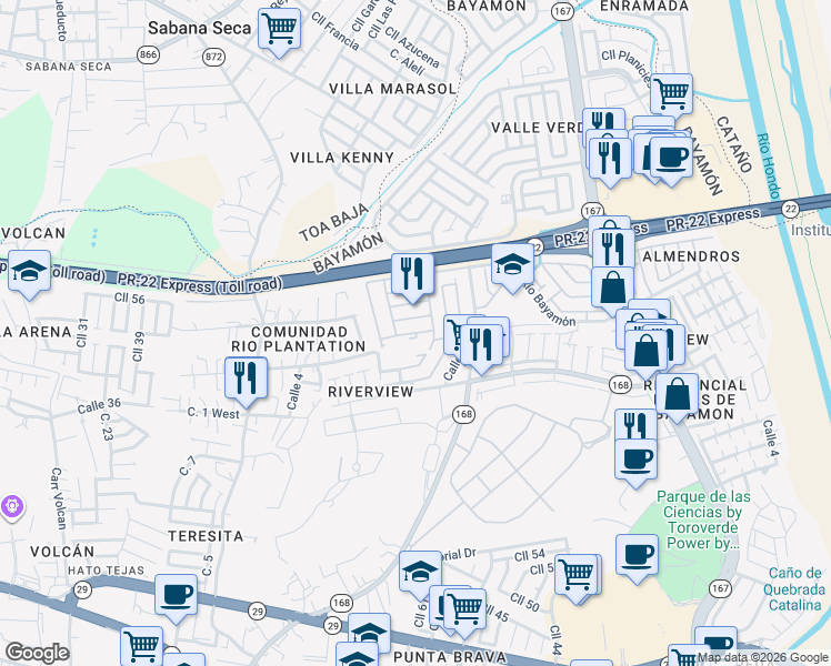 map of restaurants, bars, coffee shops, grocery stores, and more near Calle Río Botijas in Bayamón