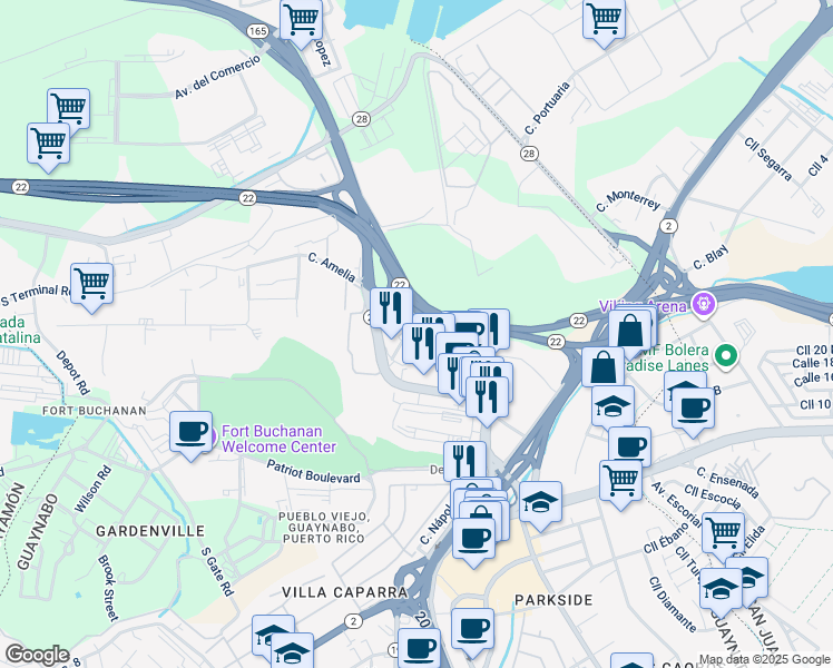 map of restaurants, bars, coffee shops, grocery stores, and more near 48 Puerto Rico 165 in Guaynabo