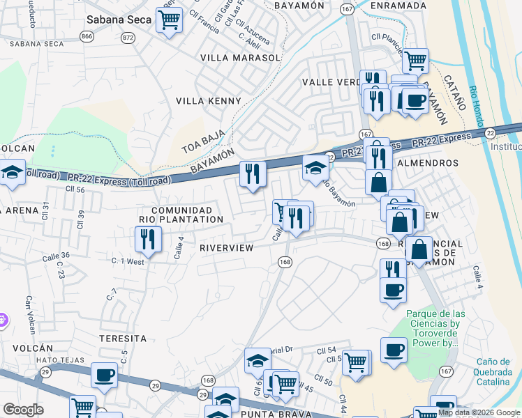 map of restaurants, bars, coffee shops, grocery stores, and more near Cll Río Botijas in Bayamón