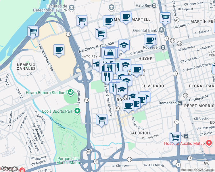 map of restaurants, bars, coffee shops, grocery stores, and more near in San Juan