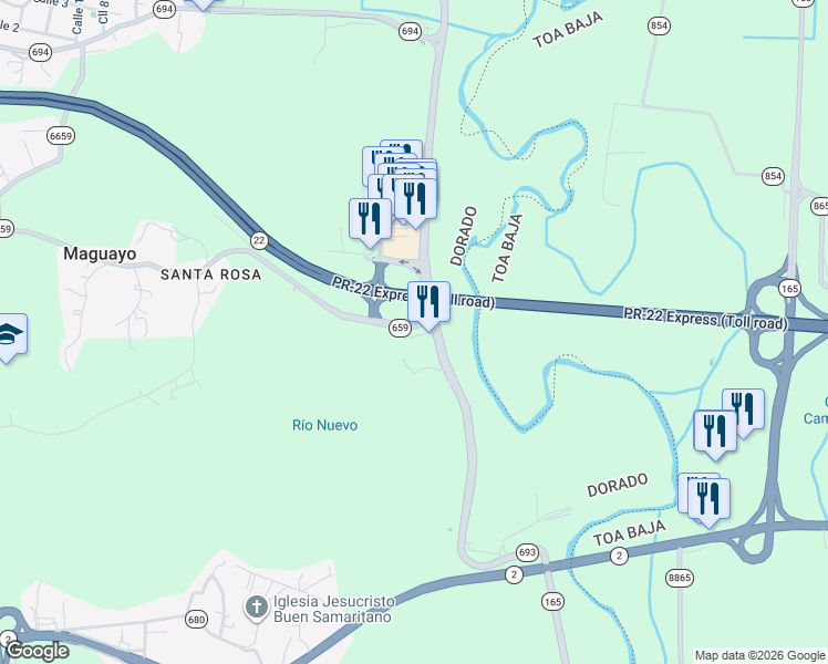 map of restaurants, bars, coffee shops, grocery stores, and more near Carretera Puerto Rico 693 in Toa Alta