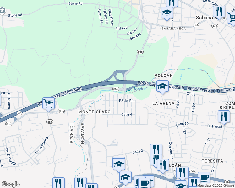 map of restaurants, bars, coffee shops, grocery stores, and more near Plaza 3 in Bayamón