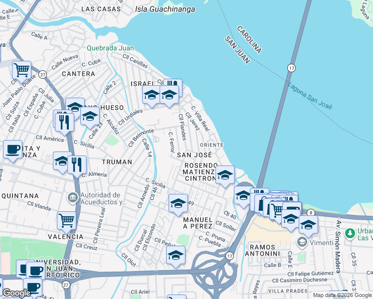 map of restaurants, bars, coffee shops, grocery stores, and more near Calle Flandes in San Juan