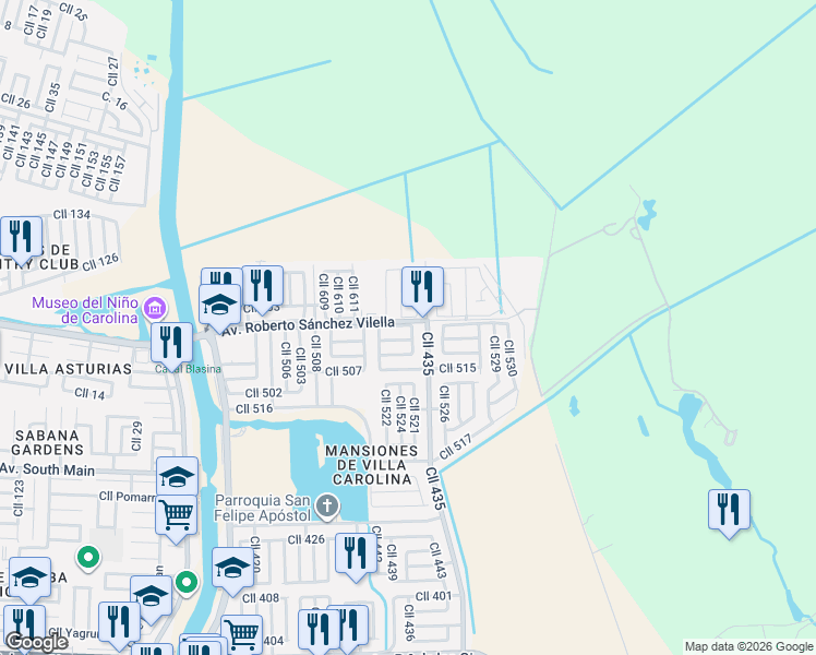 map of restaurants, bars, coffee shops, grocery stores, and more near Avenida Campo Rico in Carolina