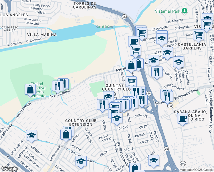 map of restaurants, bars, coffee shops, grocery stores, and more near in Carolina