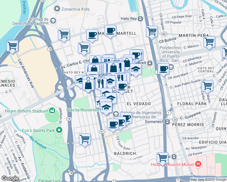map of restaurants, bars, coffee shops, grocery stores, and more near 265 ⛉ Roosevelt Ave in San Juan