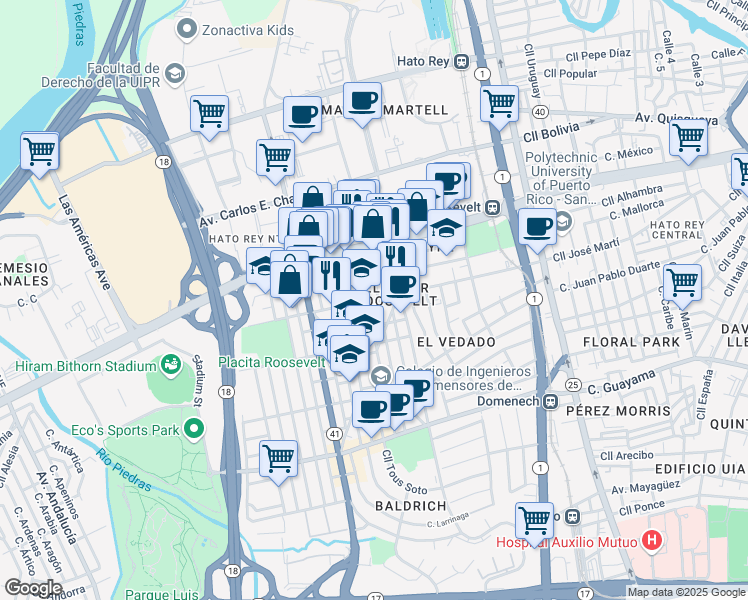 map of restaurants, bars, coffee shops, grocery stores, and more near 265 ⛉ Roosevelt Ave in San Juan