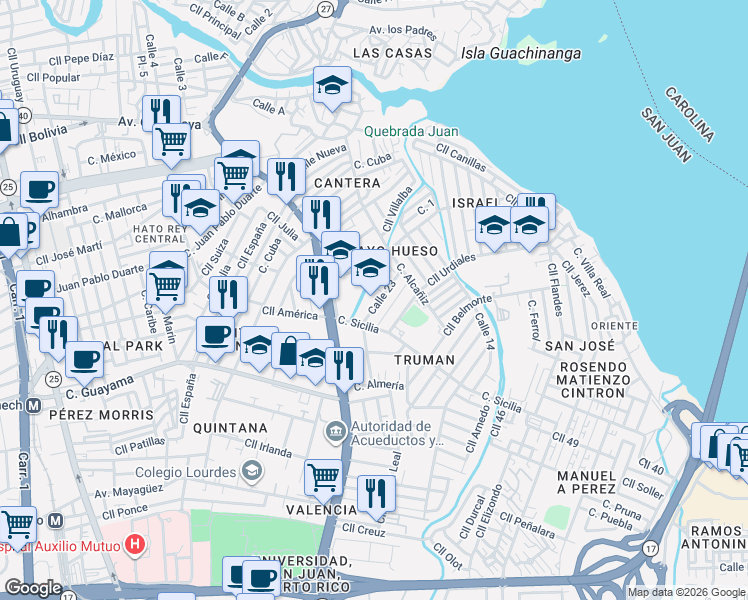 map of restaurants, bars, coffee shops, grocery stores, and more near in San Juan