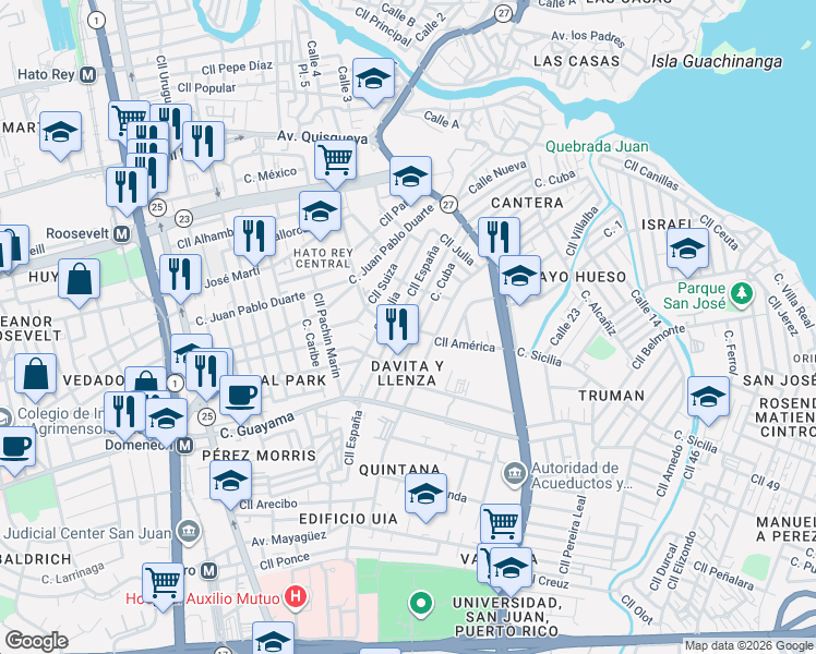 map of restaurants, bars, coffee shops, grocery stores, and more near 190-198 Calle San Juan in San Juan