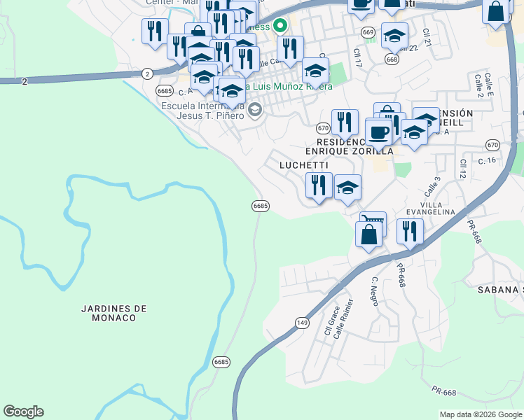 map of restaurants, bars, coffee shops, grocery stores, and more near Puerto Rico 6685 in Manatí
