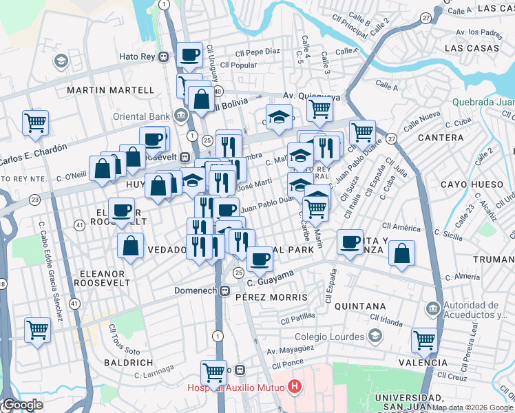 map of restaurants, bars, coffee shops, grocery stores, and more near Calle Padre Rufo in San Juan