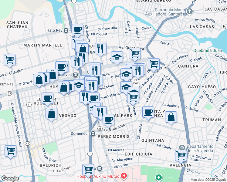 map of restaurants, bars, coffee shops, grocery stores, and more near 405-415 Calle Salvador Brau in San Juan