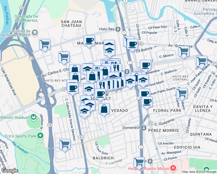 map of restaurants, bars, coffee shops, grocery stores, and more near 154-190 Calle José Padin in San Juan