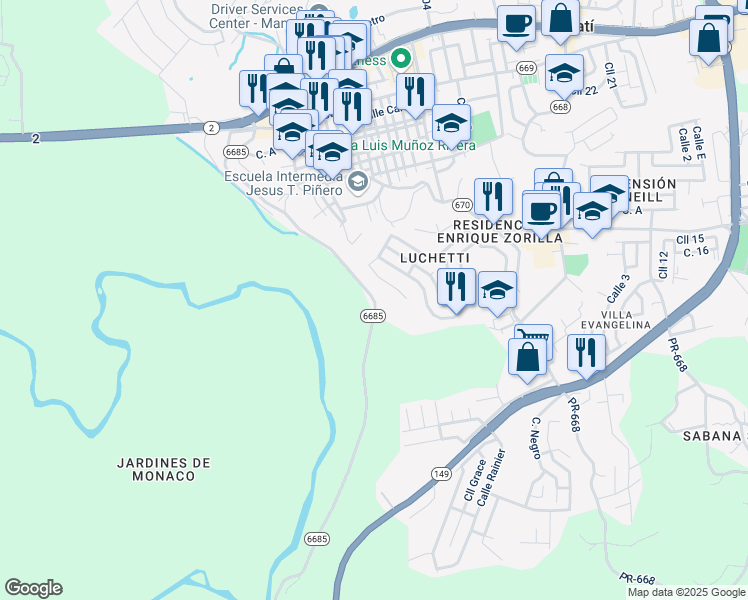 map of restaurants, bars, coffee shops, grocery stores, and more near Puerto Rico 6685 in Manatí