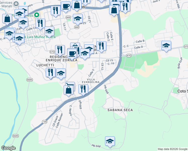 map of restaurants, bars, coffee shops, grocery stores, and more near j 24 Calle 8 in Manatí