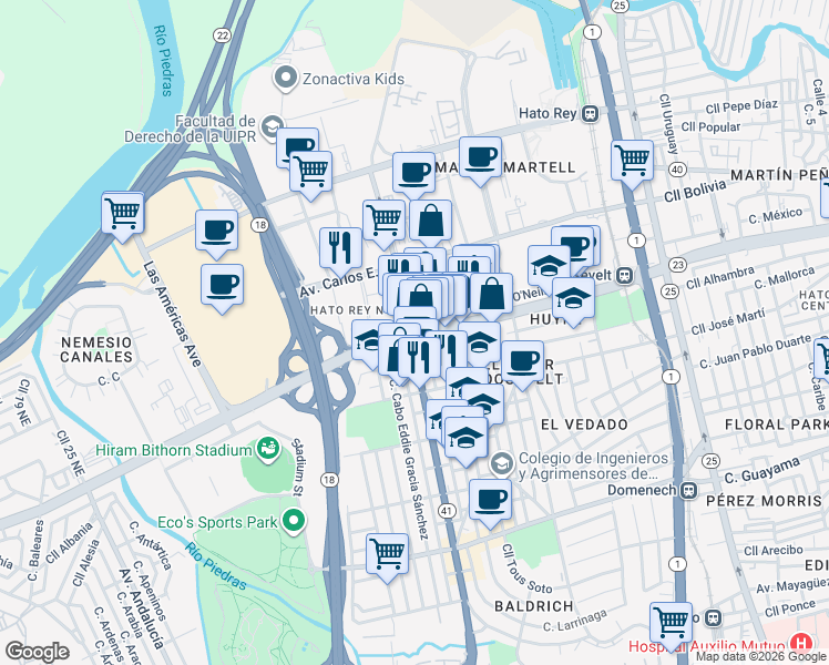 map of restaurants, bars, coffee shops, grocery stores, and more near 278 Avenida Teniente César Luis González in San Juan