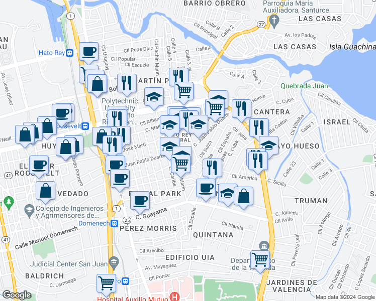 map of restaurants, bars, coffee shops, grocery stores, and more near in San Juan