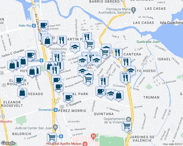 map of restaurants, bars, coffee shops, grocery stores, and more near in San Juan