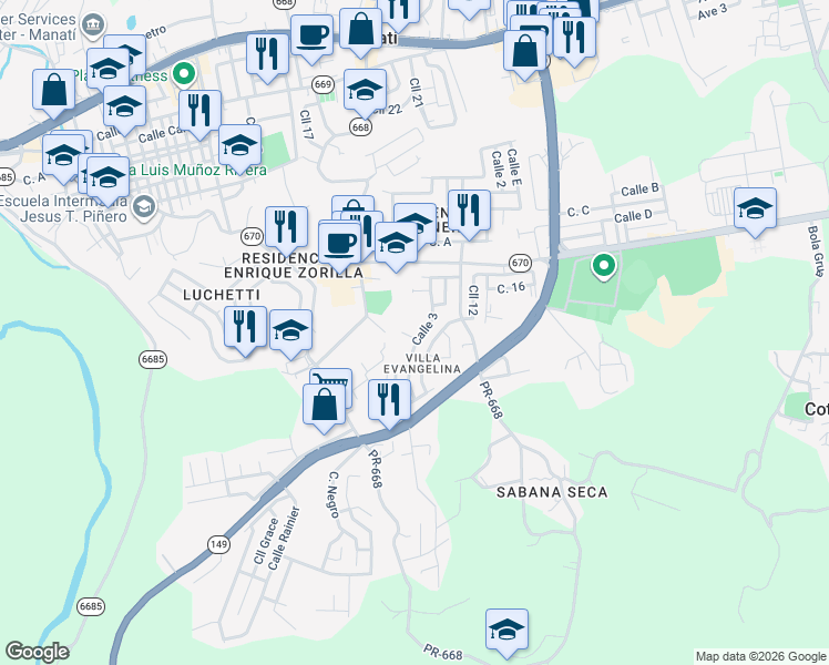 map of restaurants, bars, coffee shops, grocery stores, and more near j 24 Calle 8 in Manatí