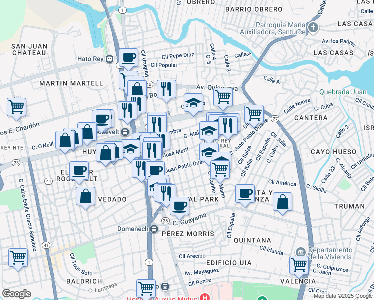 map of restaurants, bars, coffee shops, grocery stores, and more near 415 Calle Salvador Brau in San Juan