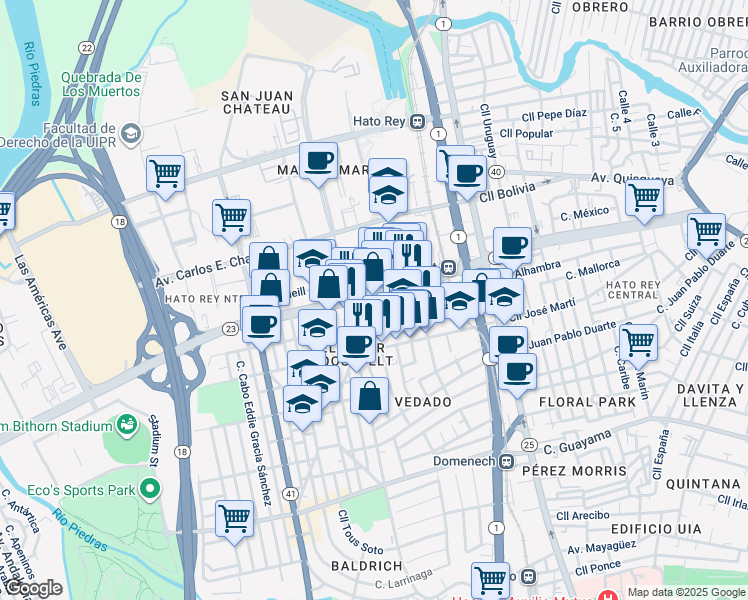 map of restaurants, bars, coffee shops, grocery stores, and more near 154 Calle José Padin in San Juan