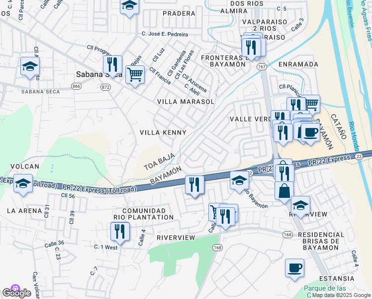 map of restaurants, bars, coffee shops, grocery stores, and more near Calle Río Espiritu Santo O in Bayamón