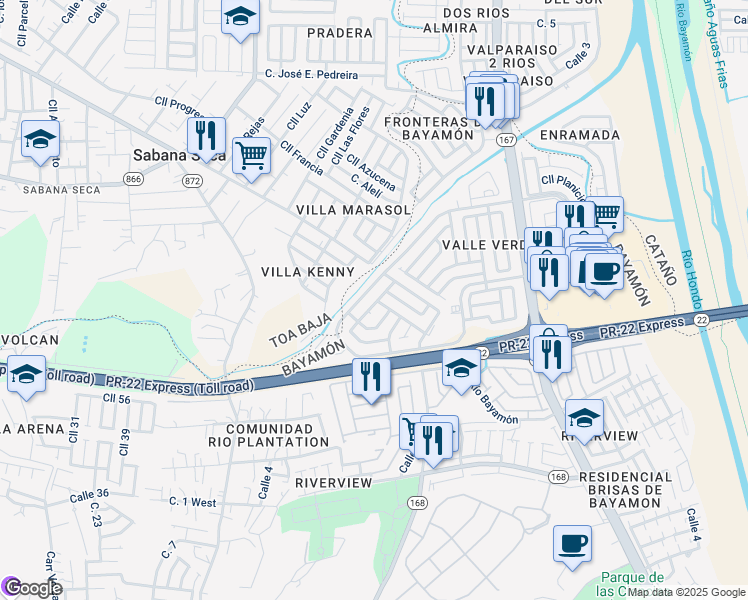 map of restaurants, bars, coffee shops, grocery stores, and more near Calle Río Espiritu Santo O in Bayamón