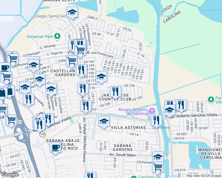 map of restaurants, bars, coffee shops, grocery stores, and more near 24 Calle 125 in Carolina