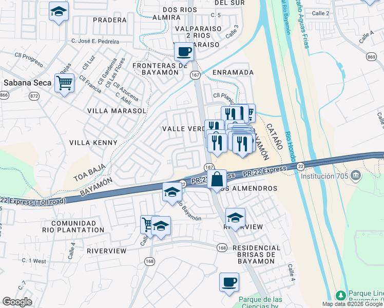 map of restaurants, bars, coffee shops, grocery stores, and more near 100 Cll Río Espiritu Santo South in Bayamón