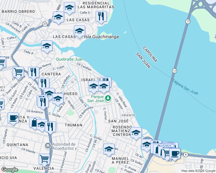 map of restaurants, bars, coffee shops, grocery stores, and more near 461 Calle Ceuta in San Juan